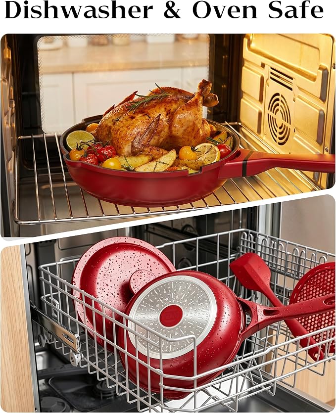FDN 8" Ceramic Non Stick Frying Pans With Lid, Titanium Pans for Cooking, Non-Toxic PFAS-Free, Induction & Oven-Safe Cookware, Red For Daily Cooking