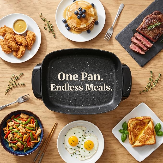 Elite Gourmet EG-6203# Non-Stick Electric Skillet, 10.5Qt, Black | Pour Spout, Glass Vented Lid, Long-Lasting, 200-400°F Adjustable Temp, Dishwasher Safe, Serves 6-8 - Extra-Deep 16"x13"