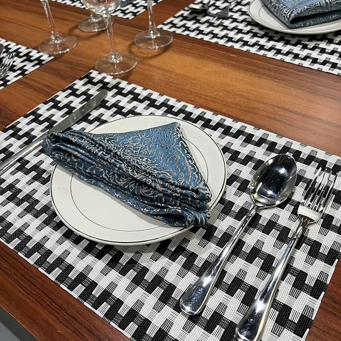 WAZAIGUR Placemats Set of 8, Woven Vinyl Table Placemats, Black White | Placemat, Blending Color Durable Washable Place Mats Indoor Outdoor Heat-Resistant Anti-Skid Kitchen Dining Table Mats