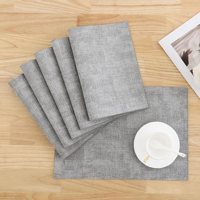Homaxy PU Faux Leather Placemats for Dining Table, Set of 6, Light Grey | Waterproof Wipeable Washable Table Mats, Easy to Clean Anti-Slip Place Mats, 11.8" x 17"