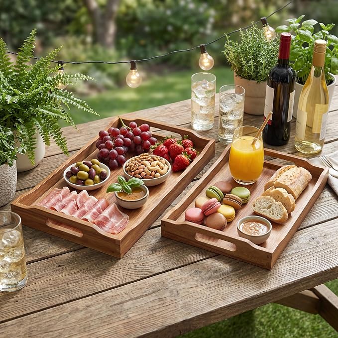 Acacia Wood Serving Trays with Handles, Rectangular Wooden Tray Set of 2 for Breakfast, Coffee Table, Ottoman, Kitchen, Dining, Party and Home Décor