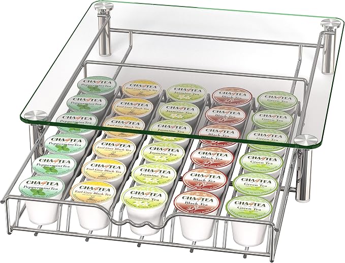 Deco Brothers Tempered Glass K-Cup Holder Drawer for 30 Coffee Pods, Chrome