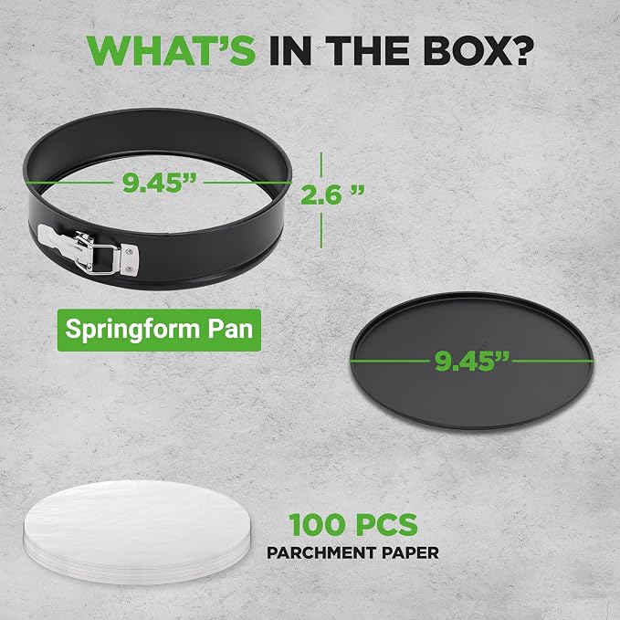 NutriChef 9 Inch Nonstick Cheesecake Springform Cake Pan | Stainless Steel Clasp & Removable Bottom | Durable Stainless Steel Cheesecake Pan | Easy to Clean | Includes 100 Parchment Papers | Black