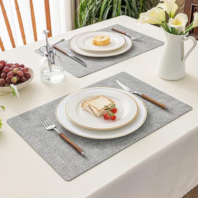 Romanstile Vinyl Placemats Set of 4-12 X 17 Inch - Faux Leather 100% Waterproof Wipeable Anti Slip Place Mats, Heat Resistant Reversible PU Table Mats for Kitchen Dining Party Outdoor, Light Grey