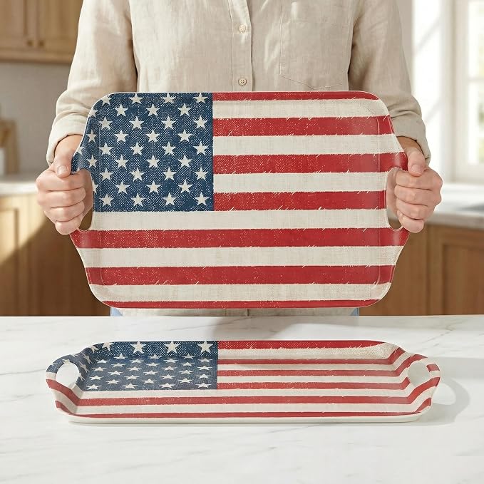 KINGEN 2-Pack Patriotic Bamboo Fiber Serving Trays - 17.3×12.2-inch Extra Large w/Handles Tray, Stars & Stripes Platters for 4th of July, Christmas, BBQ (4th of July Red White Blue Star, 17.3inch)