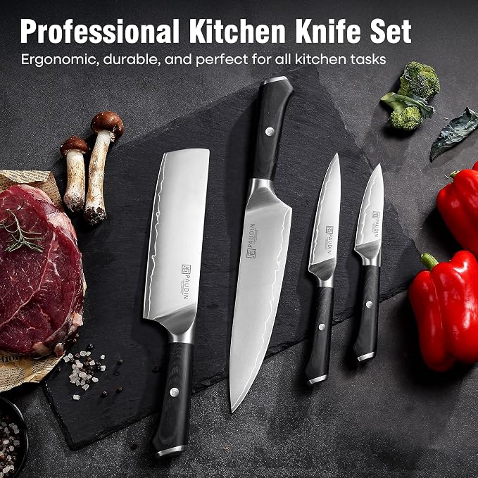 PAUDIN Kitchen Knife Set, Ultra-Sharp Multi-Layer High Carbon Steel Knives for Meat and Vegetables, Ergonomic Wooden Handle,62 HRC Kitchen Chef Knife Set for Cooking,BBQ,Meal Prep,Gifts for Men Women