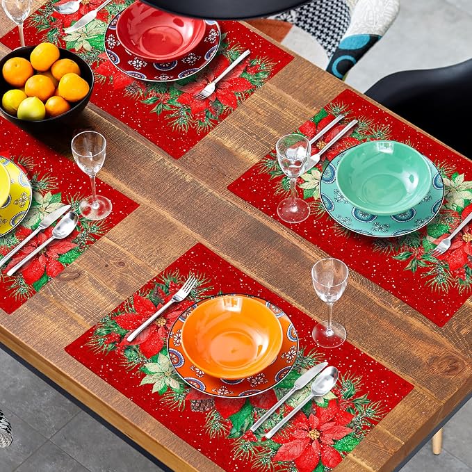 Red Poinsettias Placemats for Dining Table Set of 4, 12 x 18 Inch Red White Floral Xmas Tabletop Mats Red Rectangle Table Mat for Winter Holiday Party Kitchen Table Decor