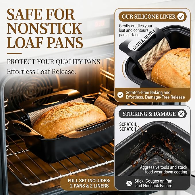 9x5 Loaf Pans for Baking Bread, 2-Pack Bread Loaf Pan Set with Silicone Bread Sling Liners, Nonstick Loaf Liners for Sourdough, Banana Bread, Homemade Bread