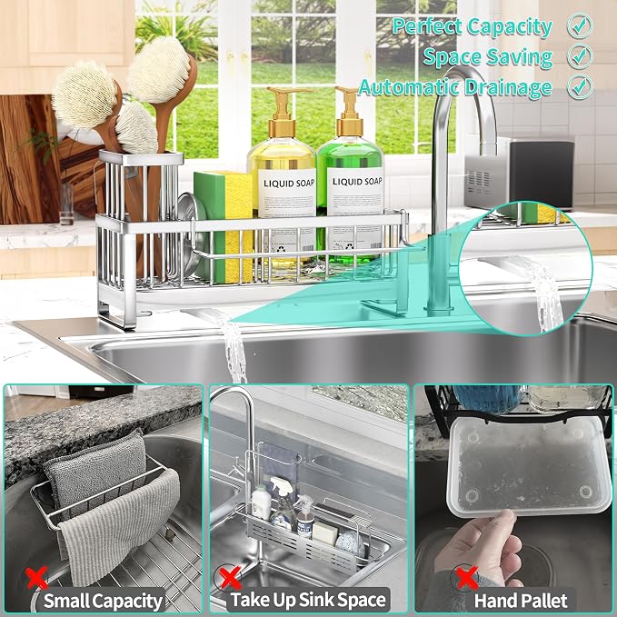 HapiRm Sponge Holder for Kitchen Sink - Self-draining Sink Caddy with Brush and Dishcloth Holder, Stainless Steel Sponge Caddy for Countertop - Silver(Large)