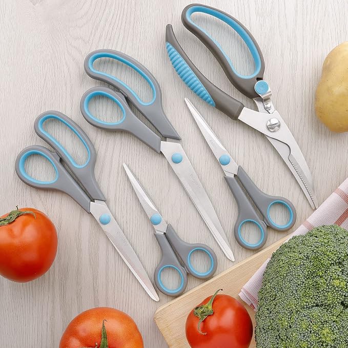 Asdirne Premium Kitchen Scissors Set, Kitchen Shears, Food-Grade Stainless Steel Blades, Ergonomic Rubber Handle, Include 1 Poultry Shears and 4 All Purpose Scissors, 9.1”/9.6"/8.5"/6.4"/5.4"