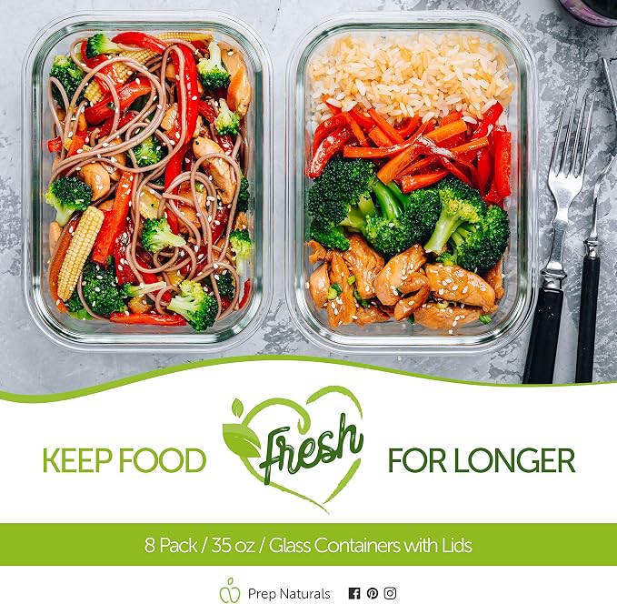 PrepNaturals 8 Pack 36oz Glass Meal Prep Containers - 1 Compartment | Square Borosilicate Glass Meal Prep Containers - Airtight Leak-Resistant Lids, Microwave, Oven & Freezer Safe (8-Pack, 36 oz)