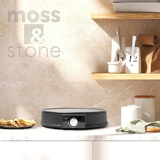 Moss & Stone 12” Electric Crepe Maker Machine, Griddle Nonstick Crepe Pan | Adjustable temperature, quick heat-up, even heating, non-slip feet, spreader & spatula included, for pancakes & tortillas