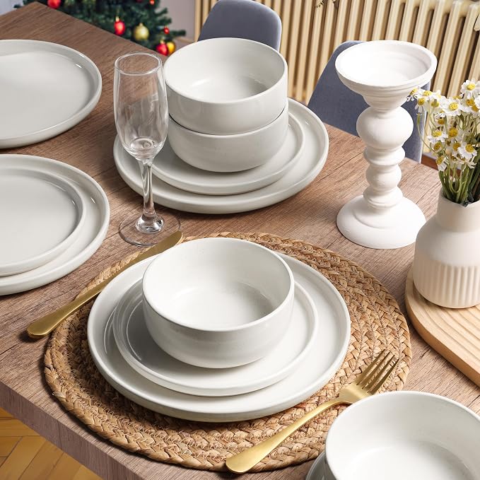 HaWare Dinnerware Sets, 12-Piece Plates and Bowls Set for 4, Milky White