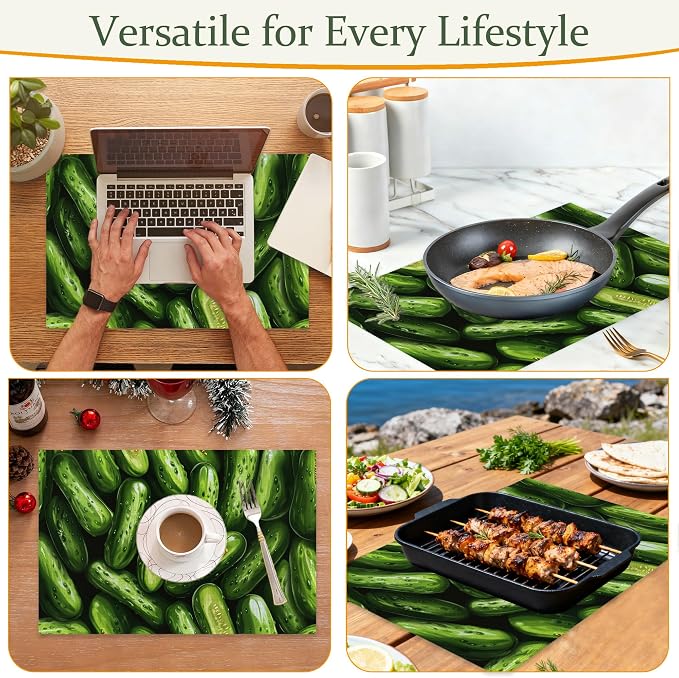 Table Placemats Set of 6,Green Cucumber Cloth Placemats,Vegetable Food Theme Heat-Resistant Table Mats for Kitchen Dining Room Decoration,Non-Slip Fabric Place Mats 11.8x17.7 Inch