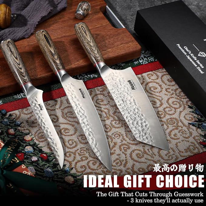 Huusk Japanese Kitchen Knife Set of 3, Professional Chef Knives Set | Hand Forged Butcher Knife Set for Meat Cutting, Meat Cleaver Boning Knife with Pakkawood Handle, Gift for Chef Men Women