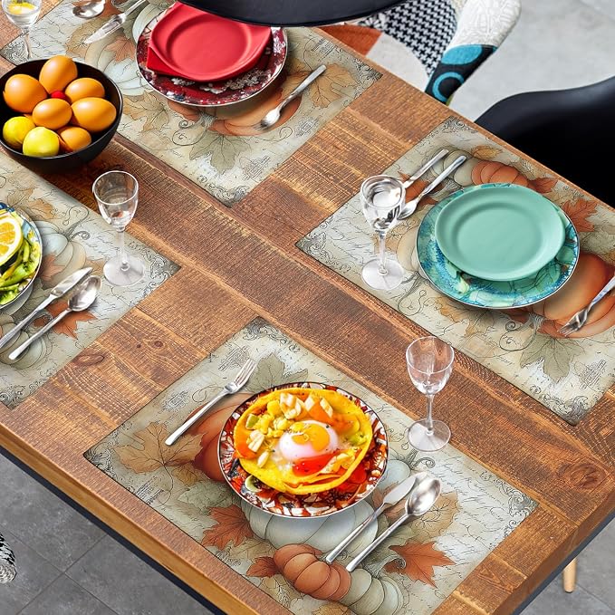 Fall Pumpkin Placemats Set of 4 Vintage Autumn Maple Leaf Seasonal Place Mats 12x18 Inch Thanksgiving Farmhouse Linen Fabric Table Mats for Party Kitchen Dining Outdoor Indoor Decor