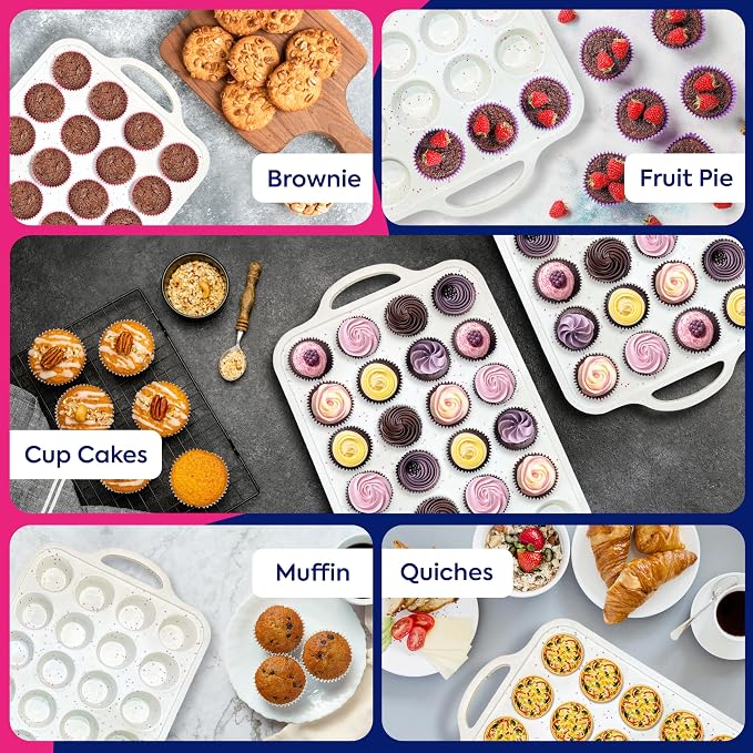 2 Pack Silicone Mini Muffin Pan with Metal Reinforced Frame, 24-Cup Mini Cupcake Pans, Mini Muffin Silicone Molds, Silicone Muffin Pans for Baking - Oven & Dishwasher Safe, BPA-Free