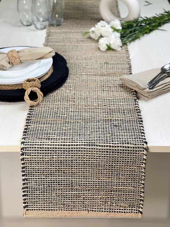 Natural Jute Table Runner 13x90 Inch – Vintage Boho Rustic Table Decor – Handwoven Table Runner in Natural Jute and Black – Farmhouse Dining or Console Table Accent