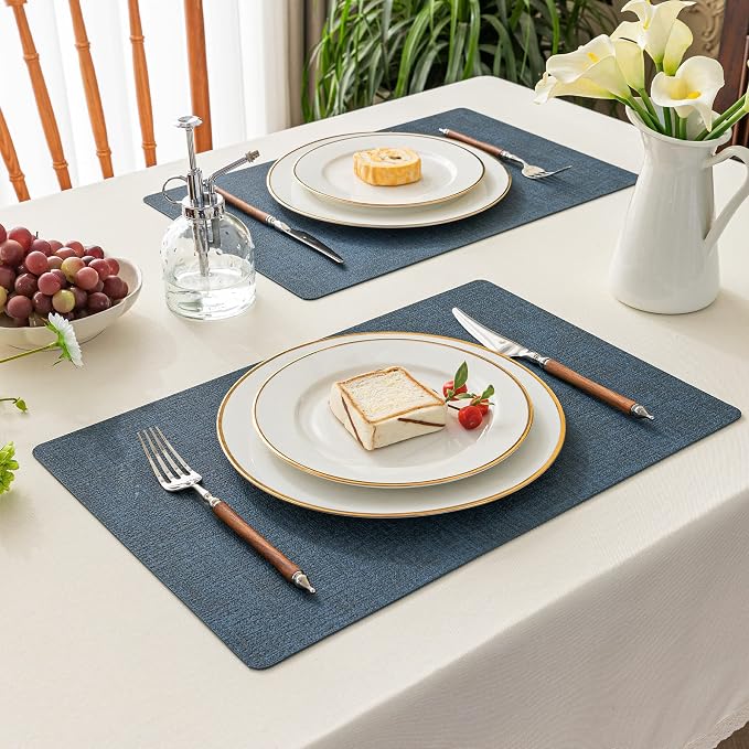 Romanstile Vinyl Placemats Set of 6-12 X 17 Inch - Faux Leather 100% Waterproof Wipeable Anti Slip Place Mats, Heat Resistant Reversible PU Table Mats for Kitchen Dining Party Outdoor, Navy Blue