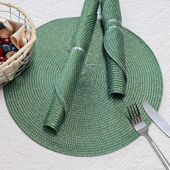 Winknowl 15 Inch Round Braided Placemats Set of 8, Washable Cotton Polyester Table Mats, Heat Resistant Non-Slip Place Mats for Kitchen Dining Table Decor (Olive,8pcs)