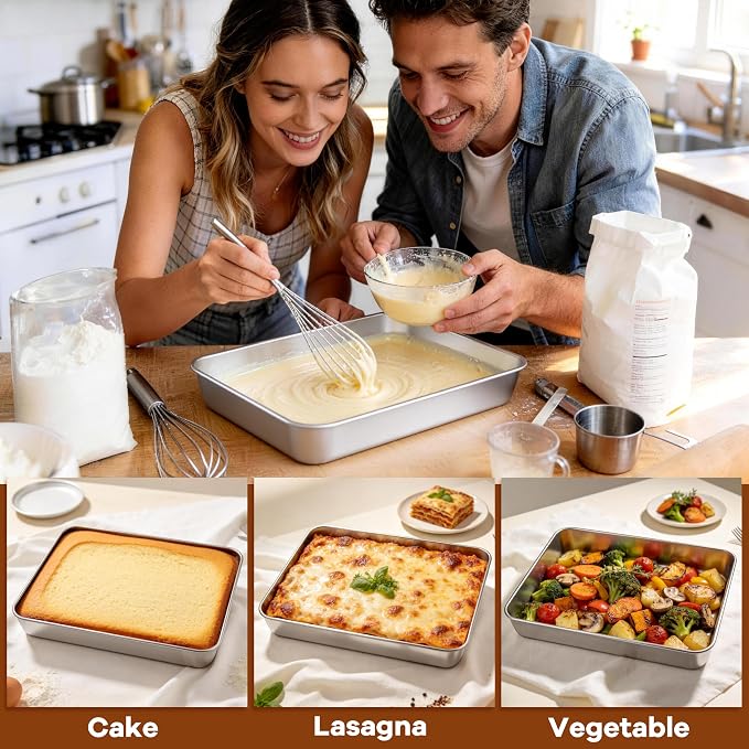 LIANYU Baking Cake Pan Set with Lid, 12⅓ x 9¾ x 2 Inch Lasagna Brownie Pan | Stainless Steel Baking Sheet, Rectangular Metal Bakeware, Oven & Dishwasher Safe Pan (1 Pan +1 Lid )
