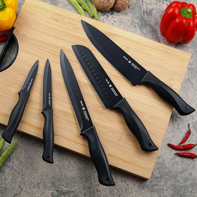 15-Piece Kitchen Knife Set with Block and Built-In Sharpener, Black | High-carbon stainless steel blades, nonstick coating, ergonomic handles and dishwasher-safe care