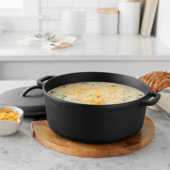 Amazon Basics Pre-Seasoned Cast Iron Dutch Oven Pot with Lid and Dual Handles, Oven Safe, Heavy-Duty, 7-Quart, Round, Black