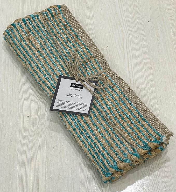 Natural Jute Table Runner 13x36 Inch – Vintage Boho Rustic Table Decor – Handwoven Table Runner in Natural Jute and Aqua Turquoise – Farmhouse Dining or Console Table Accent