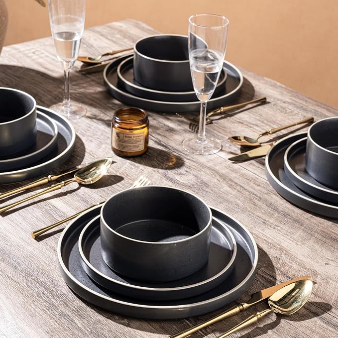 LERATIO Stoneware Dinnerware Sets for 6,18-Piece Matte Plates and Bowls Set | Handmade High Edge Rim ceramic Dish Set,Oven & Microwave,Dishwasher Safe,Scratch Resistant-Speckeld Black