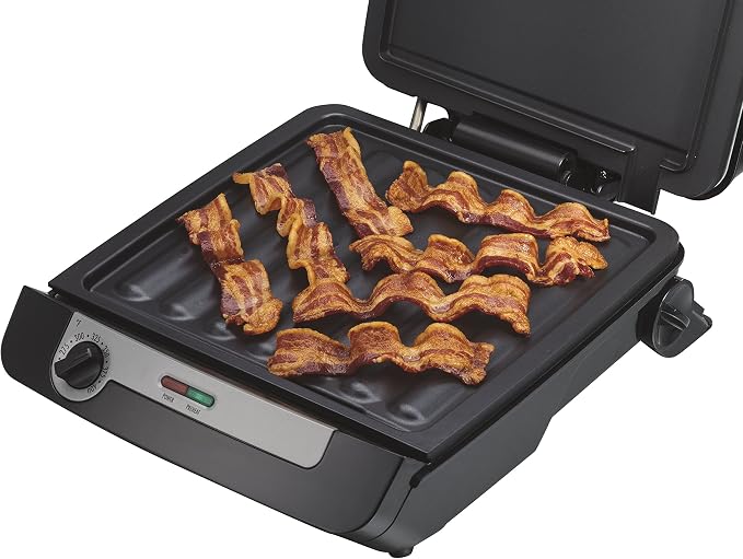 Hamilton Beach 4-in-1 Electric Indoor Grill & Electric Griddle Combo | 200 sq. in. PFAS-Free Non-Stick Cooking Surface Opens | Removable Interchangeable Grill & Griddle Plates | Black & Silver