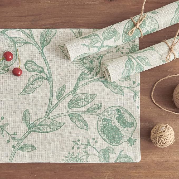 JINCHAN Linen Placemats Set of 4 Farmhouse Botanical Print 13x19 Inch Green | Fabric Placemats, Cottage Style, Botanical Bird Motif, Machine Washable, Easy to Store, Reusable
