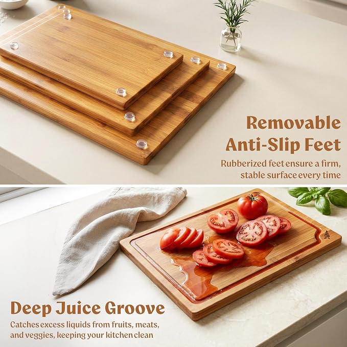 Carbonized Bamboo Cutting Boards – Cutting Board Set of 3 Heat Treated for Rich Color & Lower Moisture Absorption, Chopping Boards with Juice Groove, Non-Toxic, FSC Certified incl. Stand