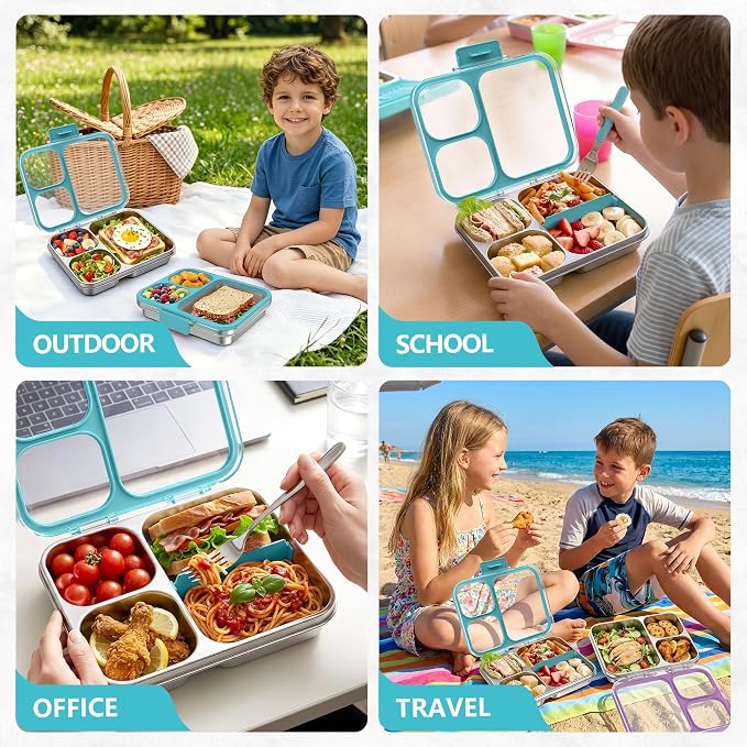 LOHASOK Stainless Steel Bento Lunch Box, 34oz/1000ml, Blue | 3-Compartment, Leak Proof, Lightweight, Clear Plastic Lid, for Kids Adults, BPA/BPS Free, Dishwasher Safe