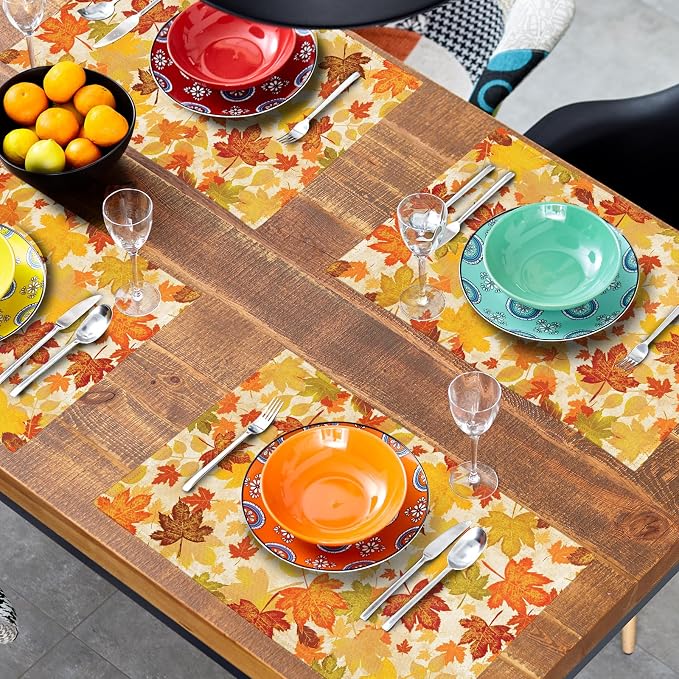 Fall Placemats Set of 6 18x12 Inch Autumn Maple Leaves Linen Place Mats Heat-Resistant Washable Wipeable Orange Season Holiday Table Mat for Party Kitchen Dining Room Dinner Table Decor
