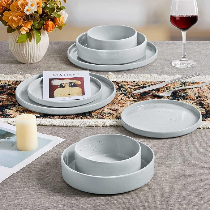 Herogo Stoneware Dinnerware Set with Salad Bowls, 8 Piece Plates and Pasta Cereal Bowls for 2, Kitchen Dinner Dish Set, Dishwasher & Microwave Safe, Speckled Light Gray