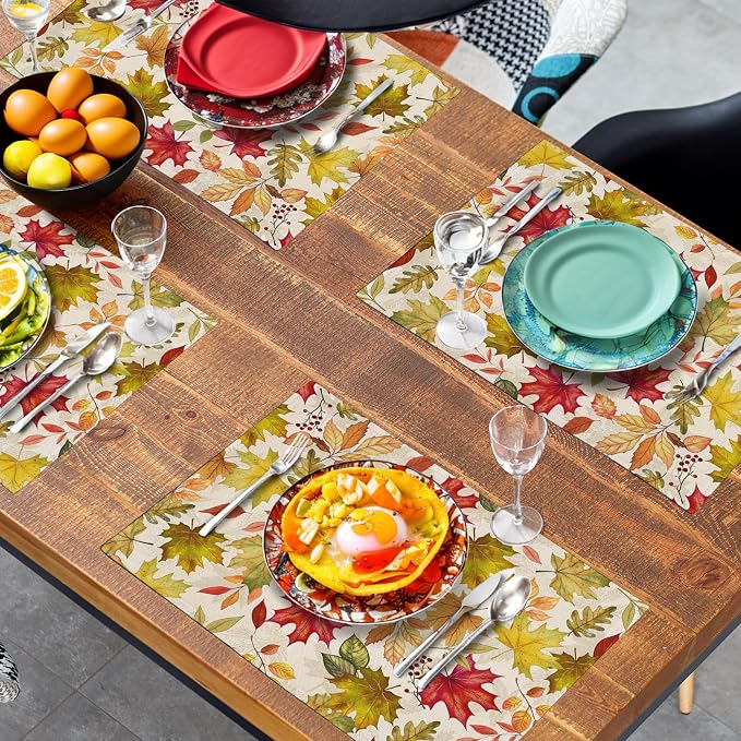 Fall Maple Leaves Placemats Set of 4 12x18 Inch Thanksgiving Autumn Colorful Leaf Dining Table Mats Rustic Seasonal Farmhouse Place Mats for Kitchen Party Home Decoration