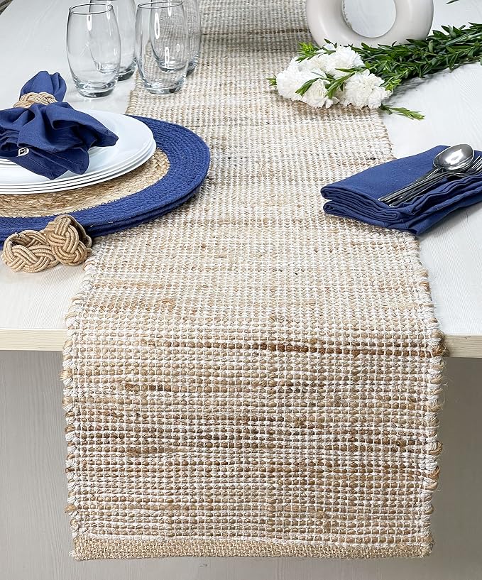 Natural Jute Table Runner 13x72 Inch – Vintage Boho Rustic Table Decor – Handwoven Table Runner in Natural Jute and Ivory – Farmhouse Dining or Console Table Accent