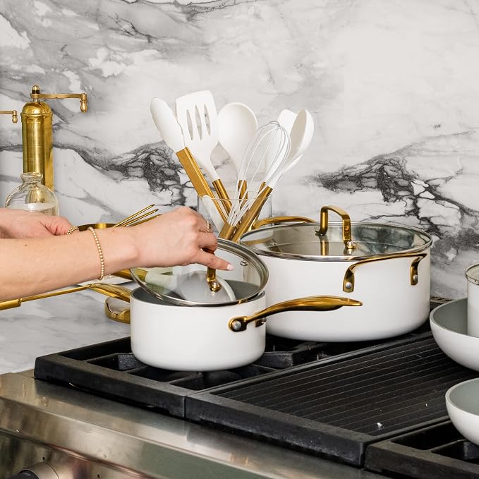 Gold Kitchen Utensils Set – 6 PC White Silicone and Gold Cooking Utensils with Spatula, Whisk, Tongs, Spoons, Cooking Tools for Nonstick Cookware – Luxury Kitchen Accessories for Home Chefs | White Silicone and Gold Cooking Utensils with Spatula, Whisk...