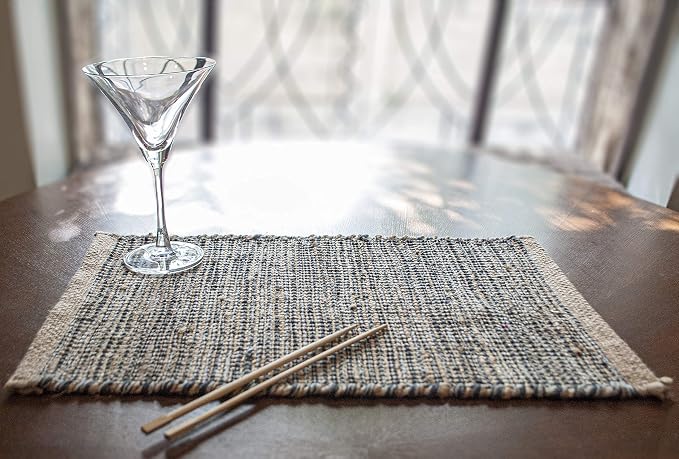Natural Jute & Grey Placemats, Set of 4 – Rustic Handmade Boho Table Mats, 13x19 Inch Dining Table Placemats for Kitchen, Everyday Meals, Holidays, Farmhouse or Modern Table Décor