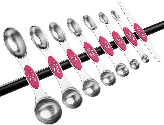Spring Chef Dual Sided Magnetic Measuring Spoons Set of 8 for Kitchen, Pink | Stainless Steel Teaspoon & Tablespoon Measuring Spoons with Leveler for Dry & Liquid Ingredients, Nesting, Dishwasher Safe