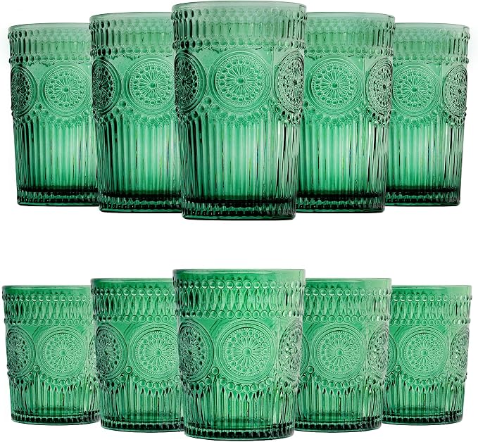 Loivttvv 12pcs Vintage Drinking Glasses Set, 12 oz Highball Glasses & 9 oz Embossed Ribbed Glassware Cups for Cocktail, Water, Juice, Coffee, Whiskey (Dark Green)