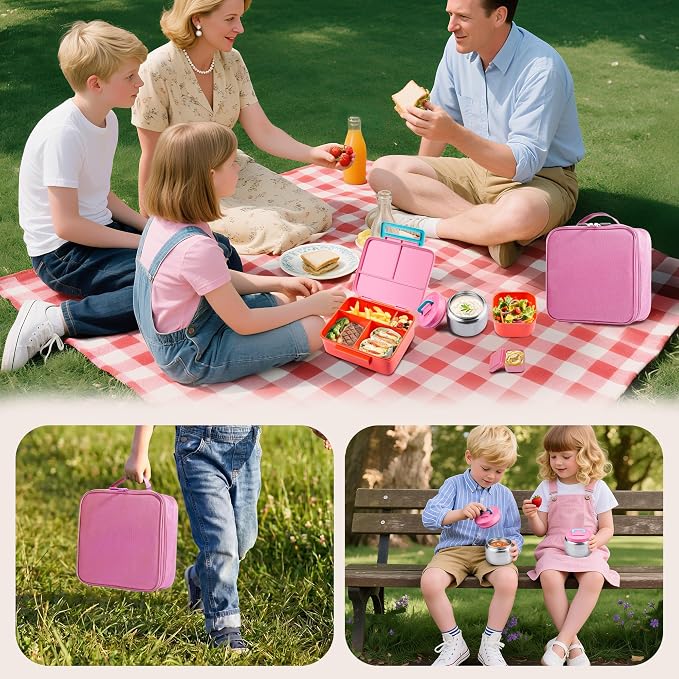 Bento Lunch Box for Kids with Thermo, Leakproof Bento Box with 8oz Insulated Food Jar, Lunch Bag, BPA Free Dishwasher Safe 4 Compartment Container for School Girls Boys (Pink)