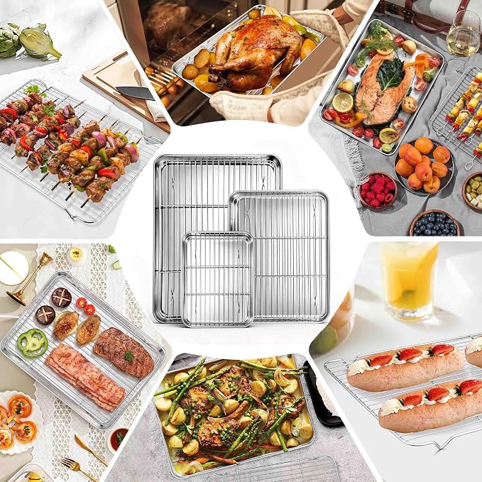 Homikit Baking Sheet with Wire Rack Set (3 Pans + 3 Racks), 16/12/9 Inches | Stainless Steel Sheet Pans with Cooling Racks for Oven, Heavy Duty Metal Cookie Bacon Baking Trays Non Toxic, Dishwasher Safe