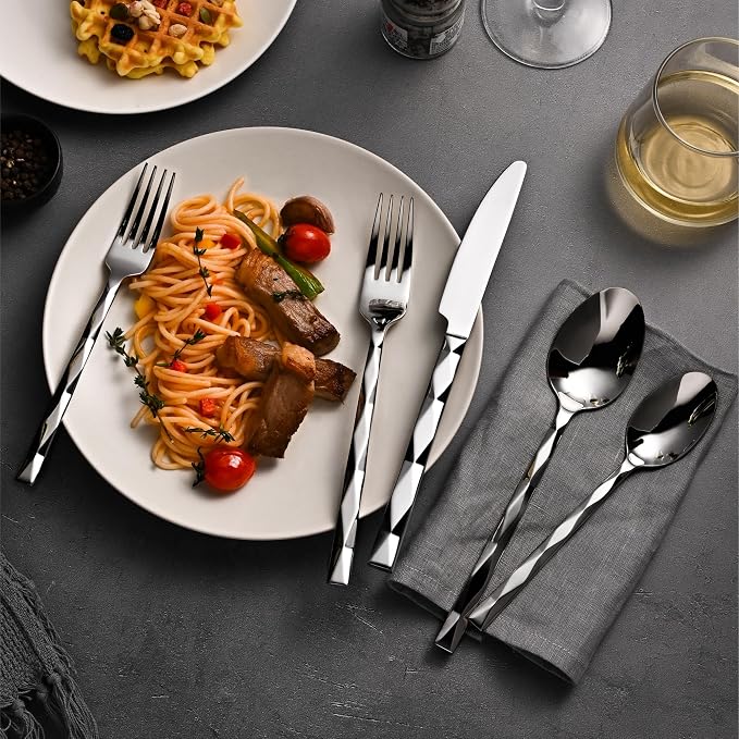 60 Piece 18/10 Silverware Set, Stainless Steel Flatware Cutlery set for 12 | KINGSTONE Luxury Silverware with Diamond Cut Pattern, Mirror Polished Utensils for Kitchen, Wedding, Party, Dishwasher Safe
