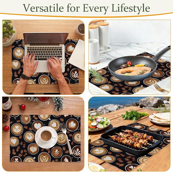 Cloth Placemats,Coffee Theme Fabric Placemats Set of 6,Washable Coffee Beans Table Mats,Decorative Place Mats for Dining Home Kitchen Holiday Party 11.8x17.7 Inch