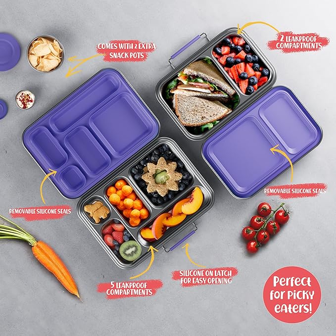 Stainless Steel Bento Box Kids, Kids Metal Bento Lunch Box BPA Free Lunch Box Containers 304 Stainless Steel Bento Box for School and Office(Purple)