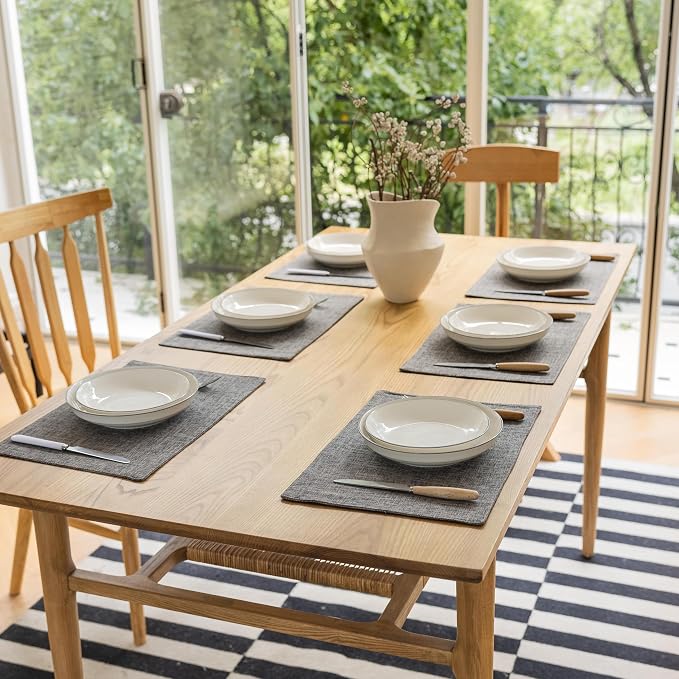 Demetex Grey Linen Placemats Set of 8 Stain Resistant Fabric Place Mats Classic Plate Mats for Kitchen Dining Table Decor, 13x19 inch, Dark Grey