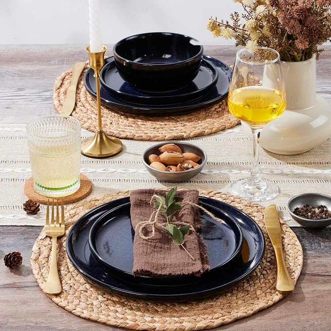 LIANYU Ceramic Plates and Bowls for 4, 12 Piece Dishes Sets, Midnight Blue | Modern Porcelain Dinnerware Set, Chip and Scratch Resistant Dishware Set, Dishwasher & Microwave Safe Stoneware Set