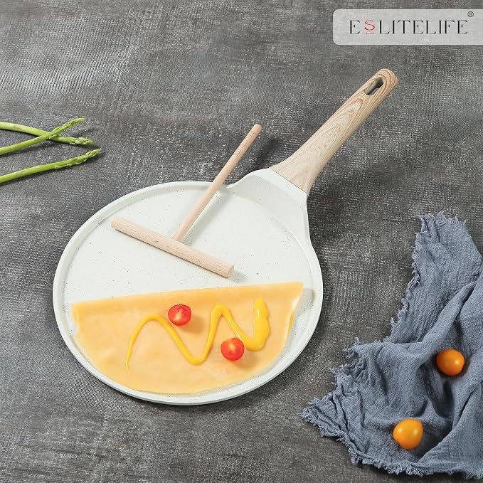 ESLITE LIFE 11 Inch Crepe Pan with Spreader, Nonstick Ceramic Coating Dosa Pan, Roti Tawa Comal Para Tortillas Pancake Griddle Pan, Induction Compatible, PTFE & PFOA Free, White