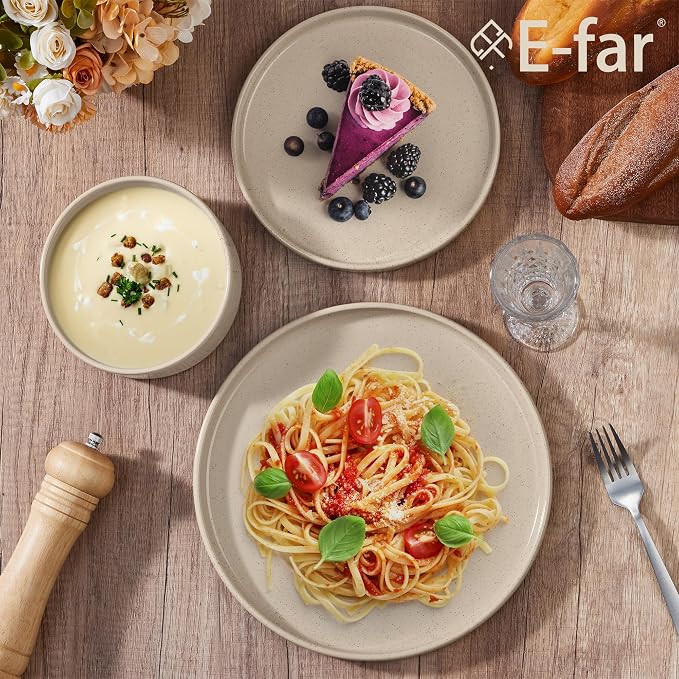 E-far Stoneware Dinnerware Sets, 12-Piece Plates and Bowls Set for 4, Khaki | Kitchen Modern Dishes Dining Ware, Chip and Scratch Resistant, Microwave & Dishwasher Safe, Speckled Khaki